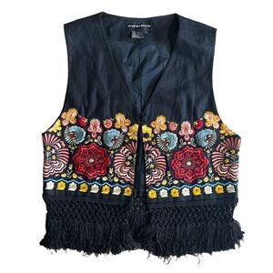 Andrea Jovine Large Vest Fringe Floral Embroidered Linen Boho Festival eclectic